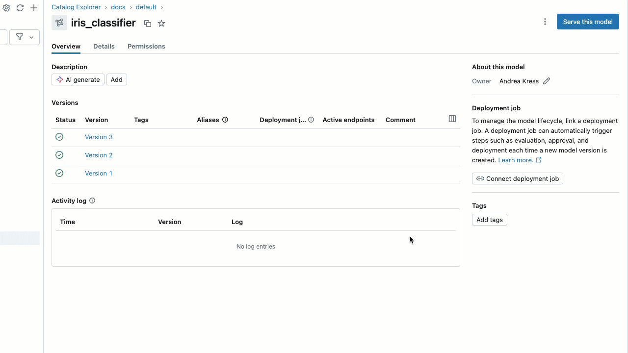 Model ayrıntıları sayfasından model sürümüne diğer ad ekleme.