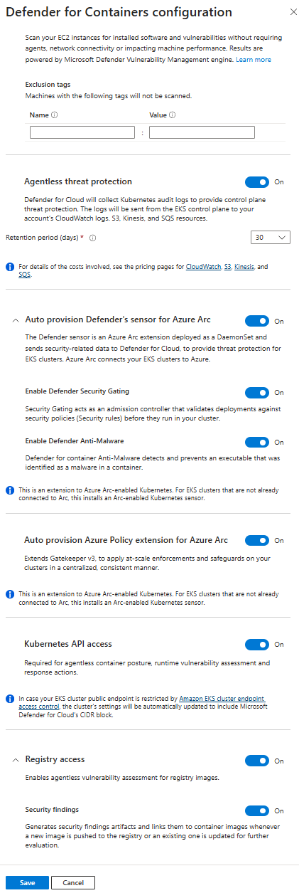  AWS ortamı için Kapsayıcılar için Defender planı seçiminin ekran görüntüsü.