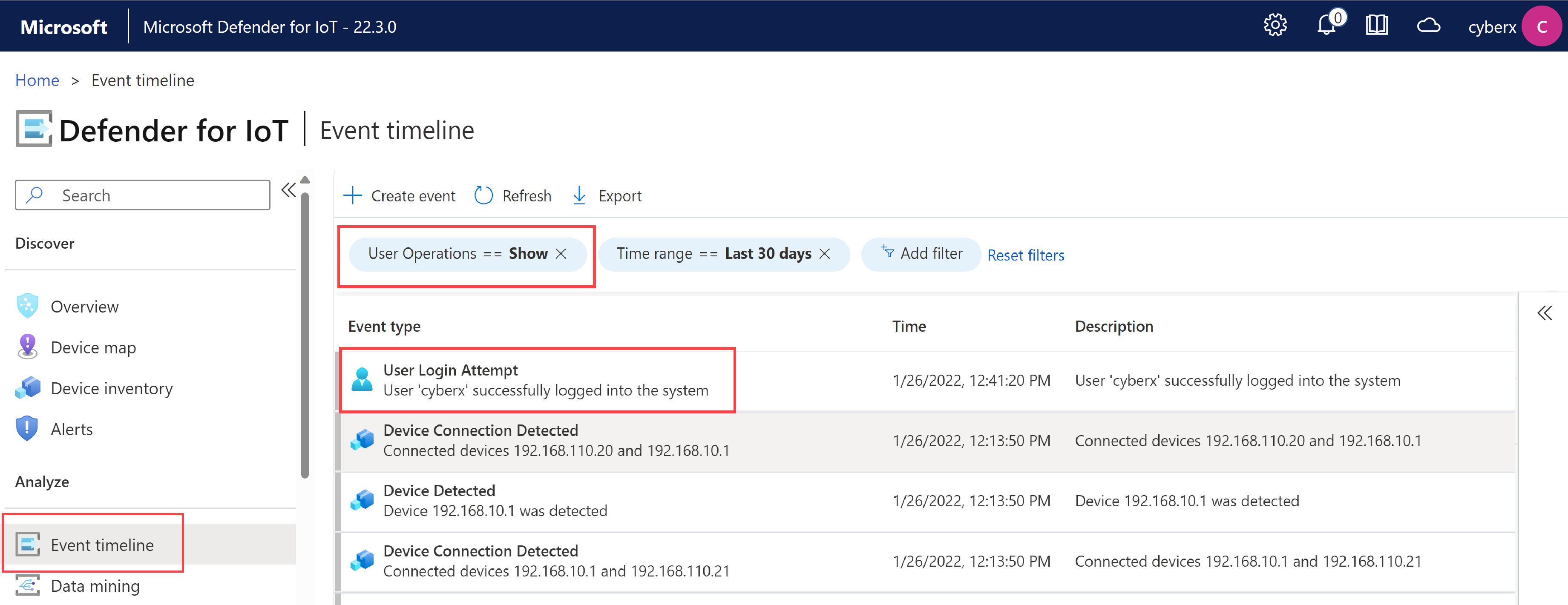Algılayıcıda kullanıcı etkinliğini gösteren Olay Zaman Çizelgesi'nin ekran görüntüsü.