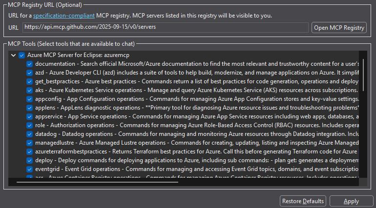 Eclipse için Azure MCP Sunucusu'nun listelendiğini gösteren MCP Araçları bölümünün ekran görüntüsü.