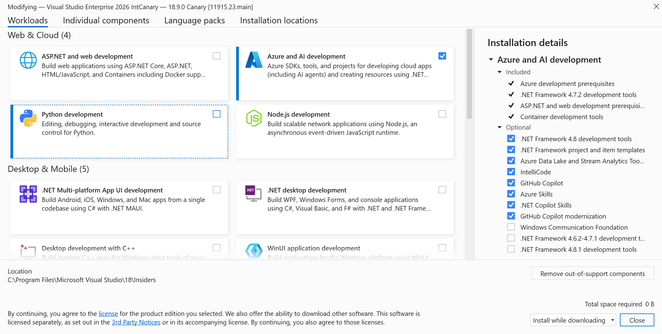 Visual Studio iş yükleri aracılığıyla GitHub Copilot ile Azure MCP Server bileşenlerinin nasıl yükleneceğini gösteren ekran görüntüsü.