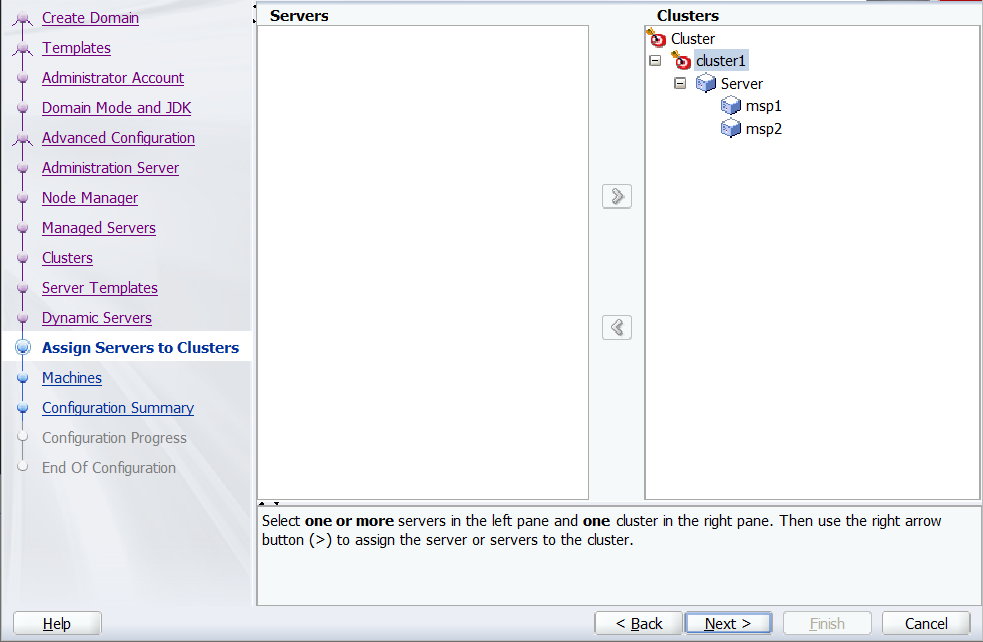 Oracle Yapılandırma Sihirbazı - Kümelere Sunucu Atama ekran görüntüsü.