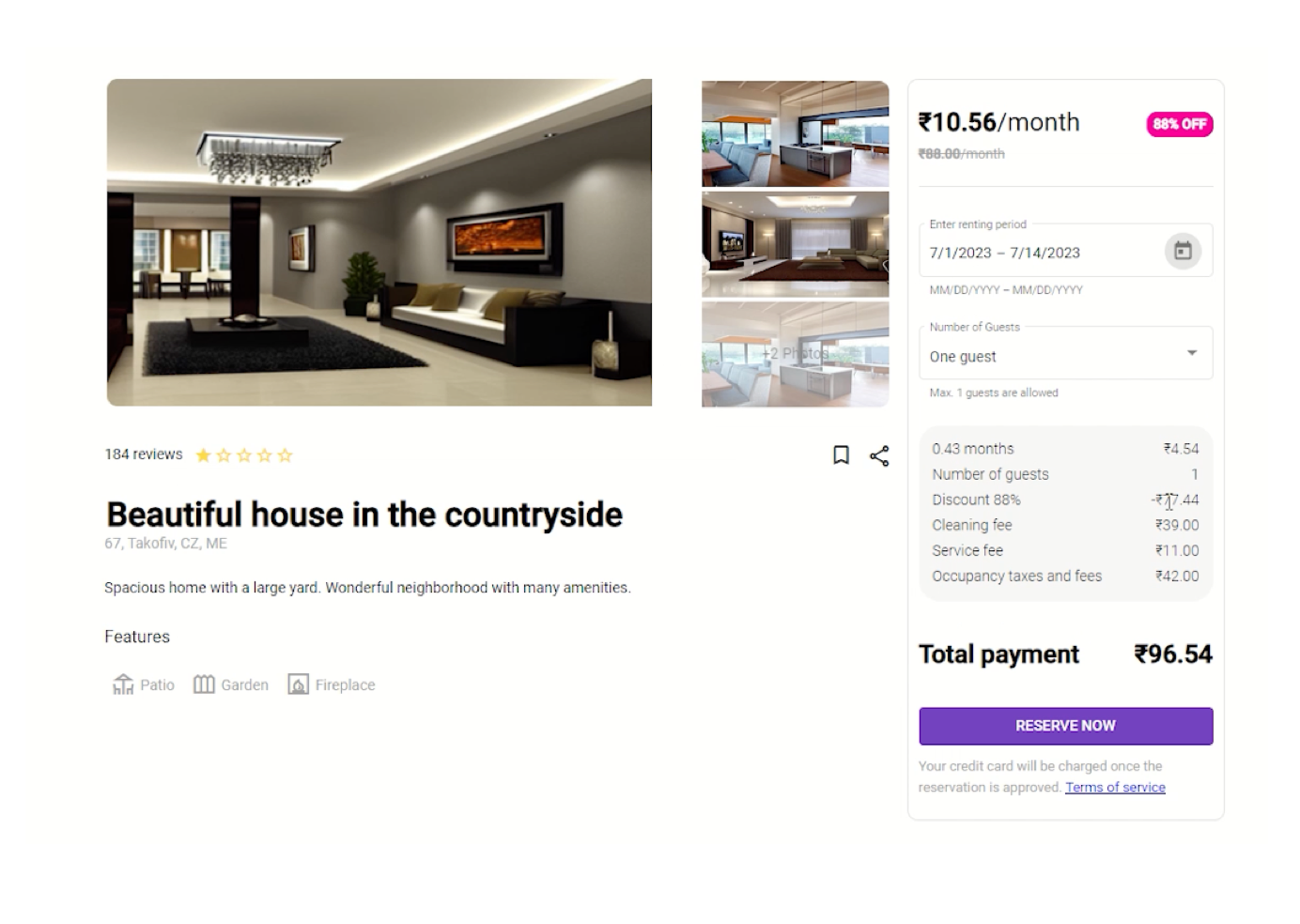 Screenshot of Contoso portal property page showing property images, details, and offering a user the ability to reserve the property with a payment form.