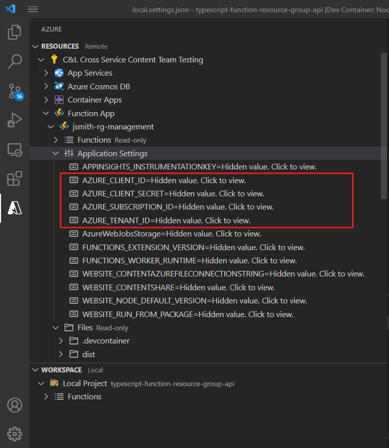 Uzak/bulut işlevinin uygulama ayarlarını gösteren Visual Studio Code'un Azure gezgininin kısmi ekran görüntüsü.