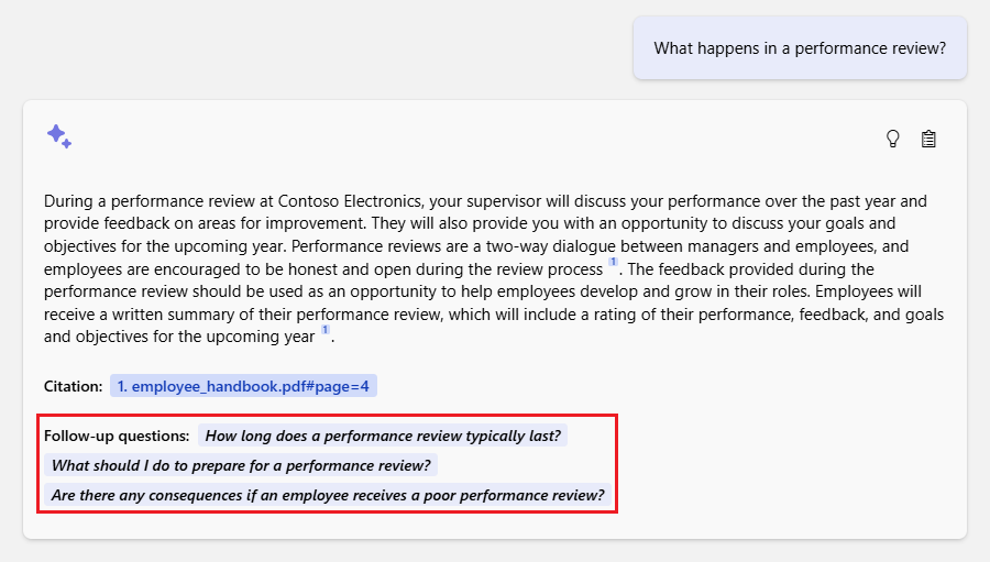 Sohbet uygulamasının yanıt sonrasında önerilen izleme sorularını nasıl sağladığını gösteren ekran görüntüsü.