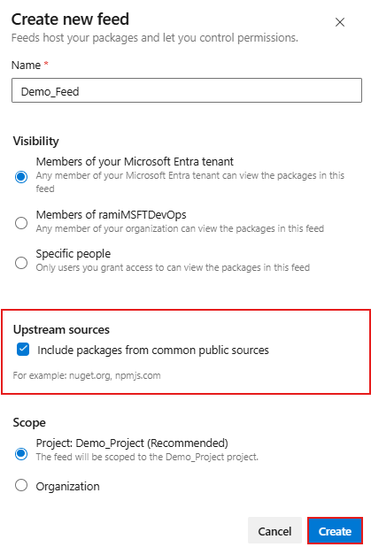 Azure Artifacts'te ihtiyaç akışı oluşturmayı ve yukarı akış kaynaklarını etkinleştirmeyi gösteren ekran görüntüsü.