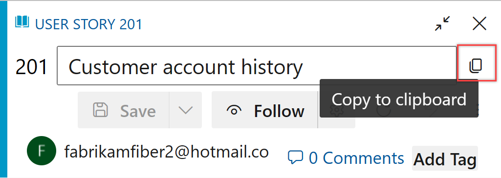 Web portalından iş öğesi URL'sinin nasıl kopyalandığını gösteren ekran görüntüsü.