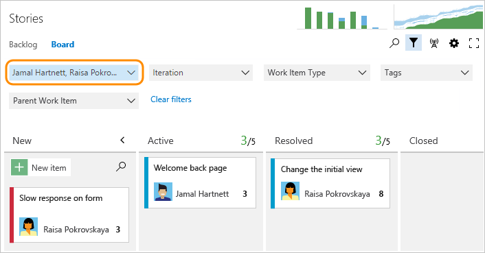 Kanban panosu, Atama alanı filtrele, Azure DevOps Server 2019 ve TFS 2018'in ekran görüntüsü.