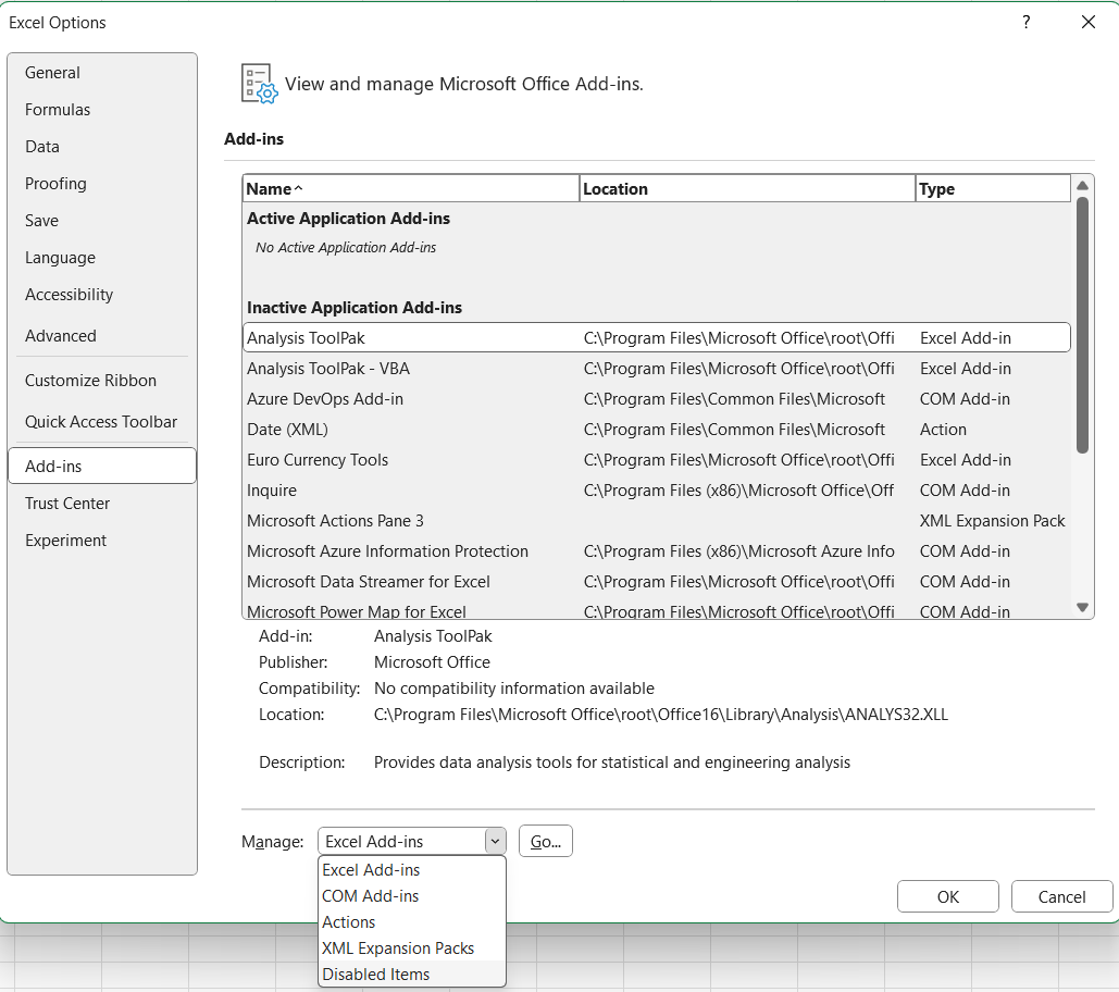 Excel Seçenekleri, Eklentiler, Devre Dışı Öğeleri Seç'in ekran görüntüsü.