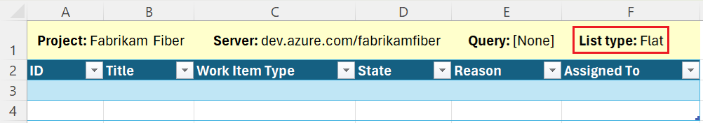Excel'de bir projeye bağlı boş düz liste çalışma sayfasının ekran görüntüsü.