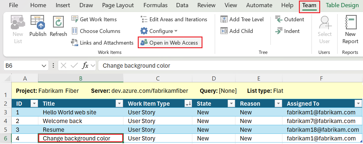Excel'den web portalında bir iş öğesinin nasıl açıldığını gösteren ekran görüntüsü.