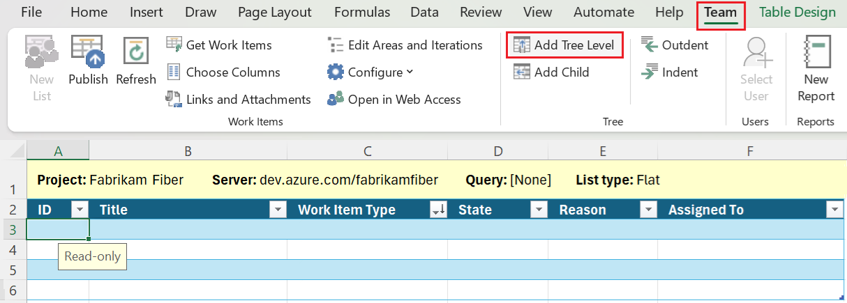 Projeye bağlı boş bir düz listenin ve Ağaç Düzeyi Ekle seçeneğinin vurgulandığı ekran görüntüsü.
