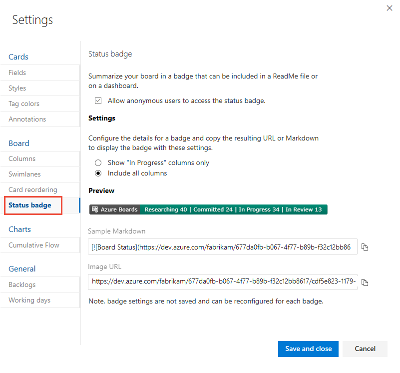 Screenshot of Kanban Board Settings dialog, Status badge tab, Azure DevOps Server 2019.