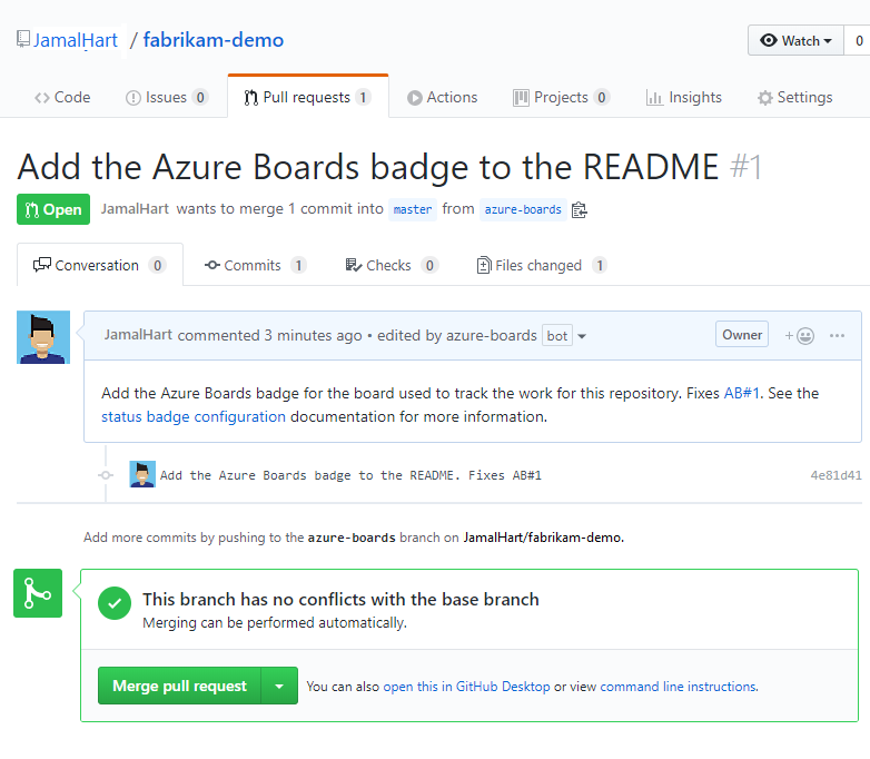GitHub'daki örnek çekme isteğini gösteren ekran görüntüsü.