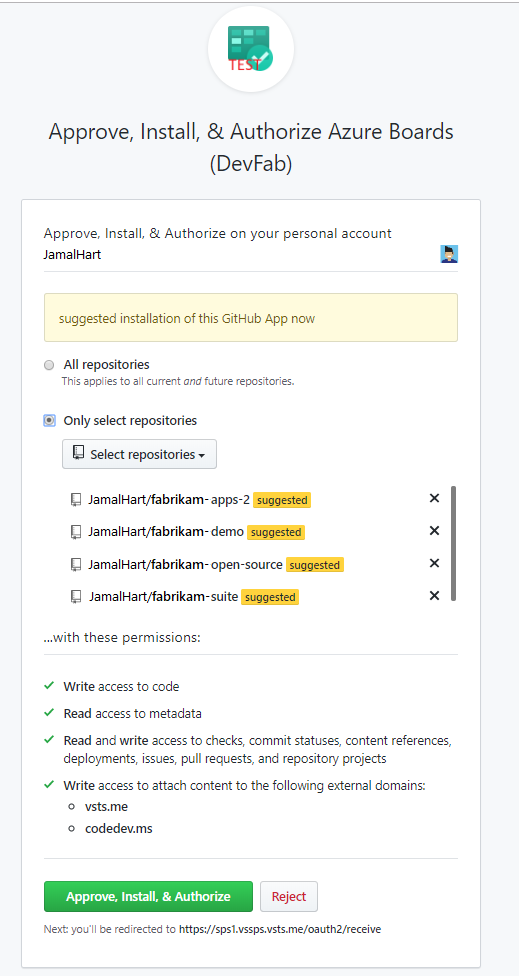 Screenshot showing confirming GitHub repositories.