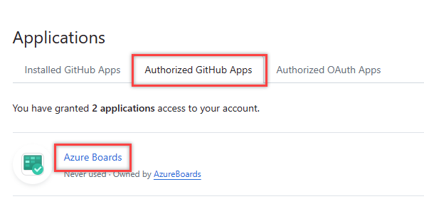 Azure Boards'un vurgulandığı yetkili GitHub uygulamalarını gösteren ekran görüntüsü.