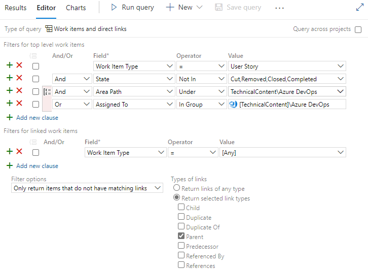 Web portalında ebeveyni olmayan kullanıcı hikayeleri için Query Editor'ü gösteren ekran görüntüsü.
