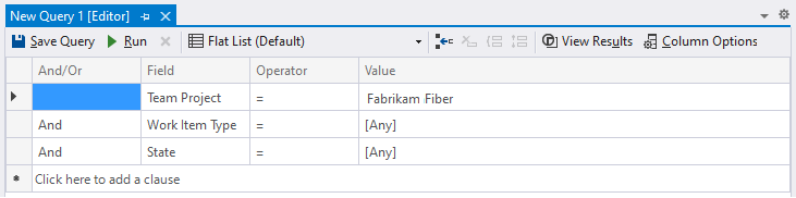 Visual Studio Sorgu Düzenleyicisi, düz liste sorgusunun ekran görüntüsü.