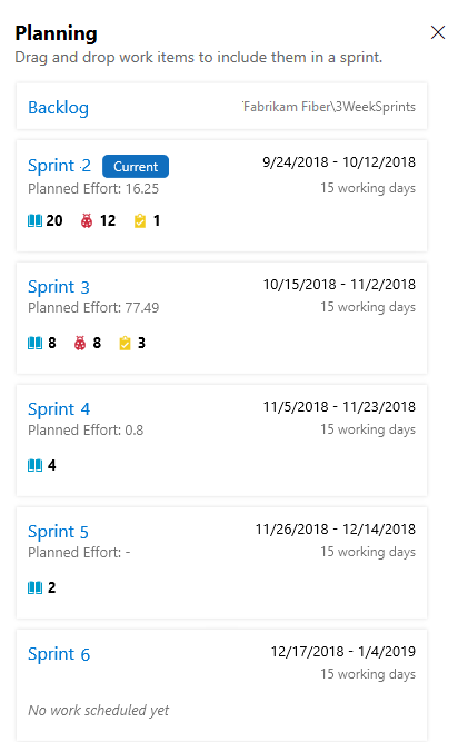 Sprint kapsamları Planlama bölmesinin ekran görüntüsü.