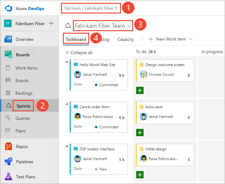 Azure DevOps 2019'da bir ekip için sprint Görev Panosunun nasıl açıldığını gösteren ekran görüntüsü.