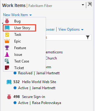 Visual Studio 2019, İş Öğeleri hub'ı, Yeni İş Öğesi,Kullanıcı Hikayesi'ni seçme ekran görüntüsü.