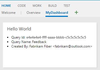 WorkItemTracking için REST API'sini kullanan örnek pencere öğesiyle Genel Bakış panosunun ekran görüntüsü.
