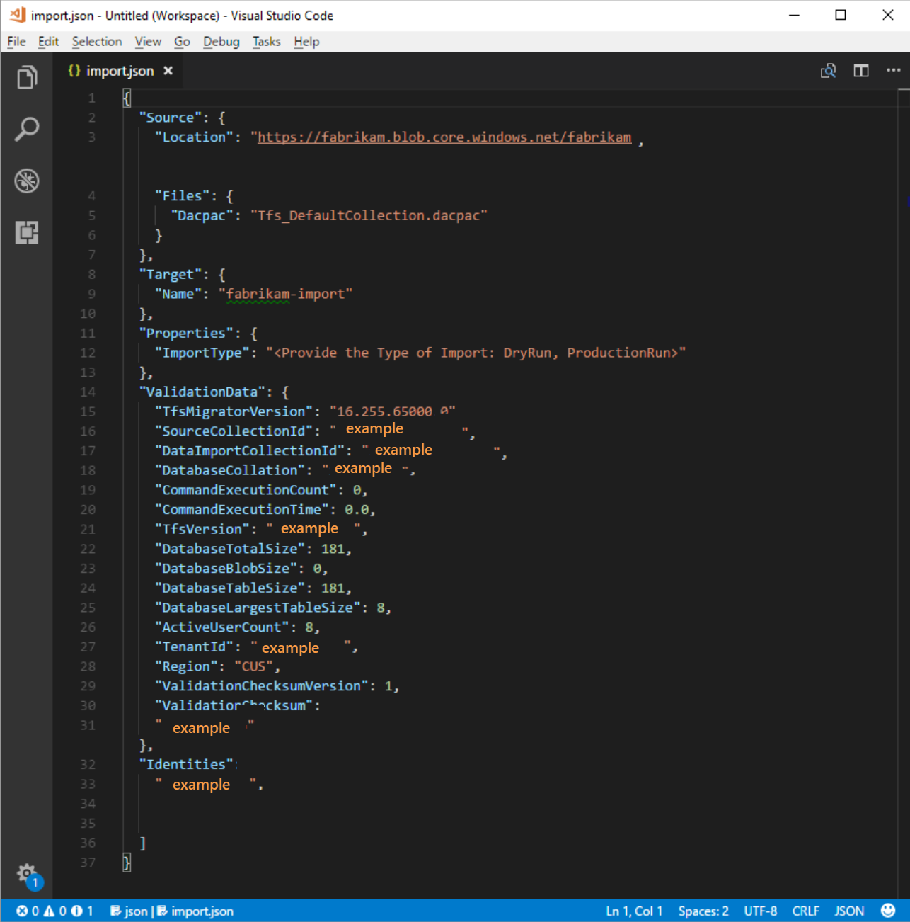 Tamamlanmış geçiş belirtimi dosyasının ekran görüntüsü.