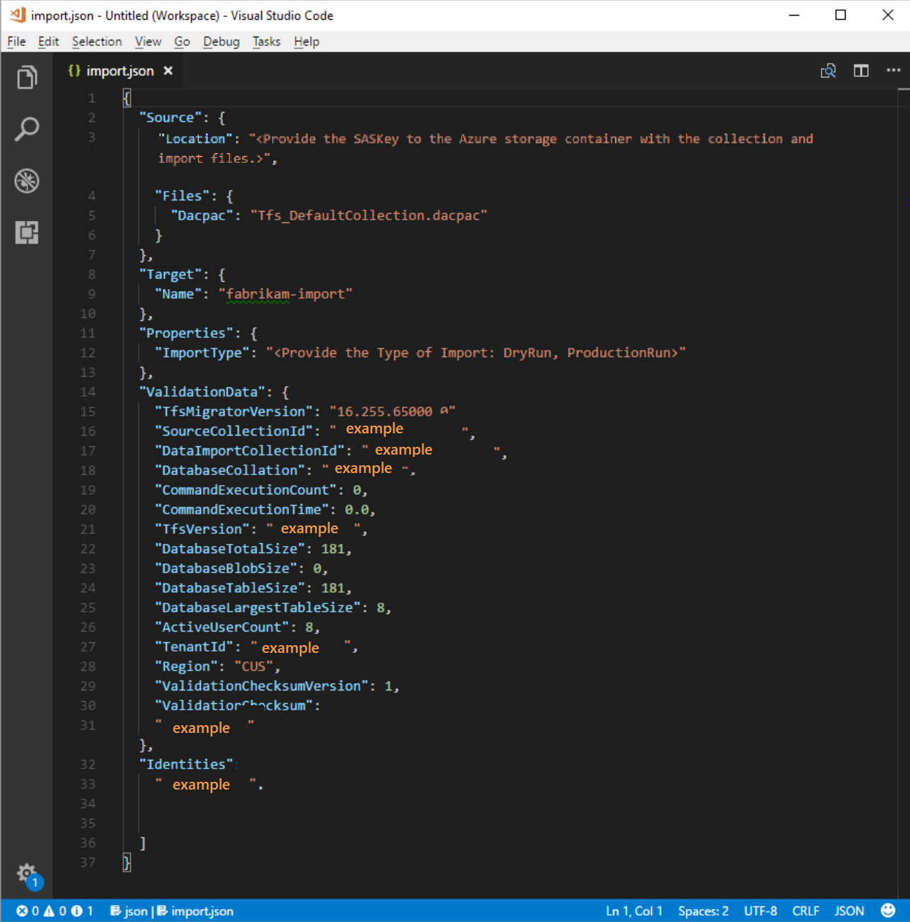Yeni oluşturulan geçiş belirtimi dosyasının ekran görüntüsü.
