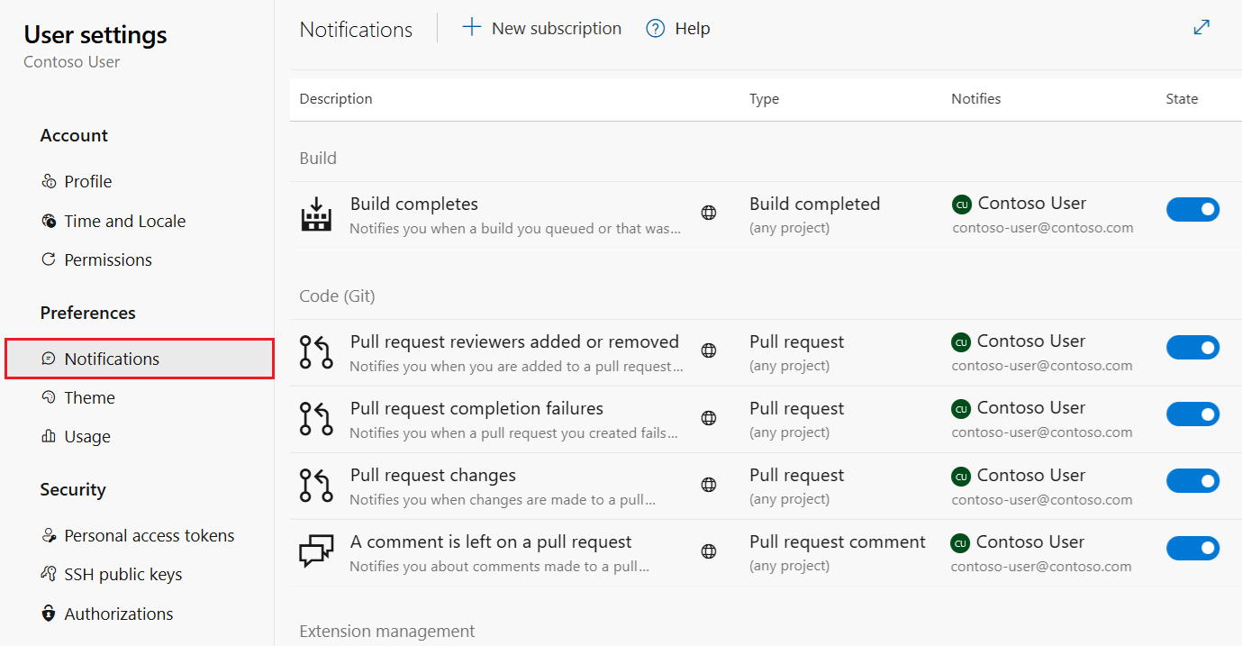 Azure DevOps'ta Kullanıcı ayarları, Bildirimler sayfasının ekran görüntüsü.