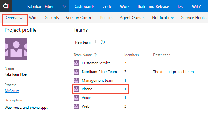 Screenshot of Project Settings, Overview page, Choose team.