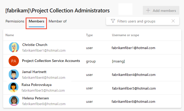 Proje Koleksiyonu Yönetici istrators grubundaki Üyeler sekmesini gösteren ekran görüntüsü.