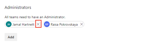 Ekip yöneticisini kaldırmak için seçilen X öğesinin ekran görüntüsü.