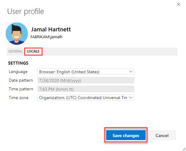 Kullanıcı Profili iletişim kutusu, Yerel Ayar sekmesinin ekran görüntüsü.