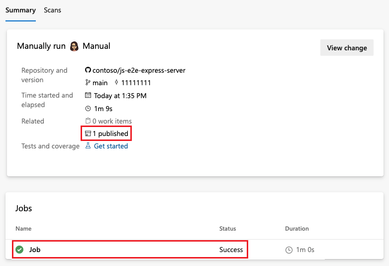 Artefakt içeren başarılı bir işlem hattı çalıştırmasına ait ekran görüntüsü.