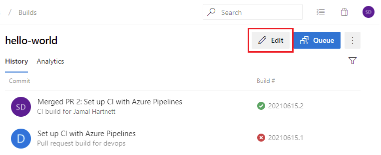 Azure DevOps Server 2019 Güncelleştirme 1'de Azure Pipelines YAML düzenle düğmesi.