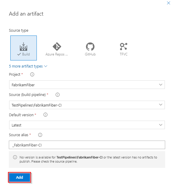 Klasik yayın işlem hattına bir artifakt eklemenin nasıl yapıldığını gösteren ekran görüntüsü.