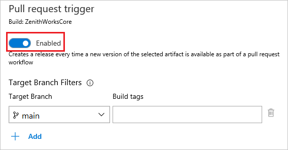 Klasik yayın işlem hatlarında çekme isteği tetikleyicilerinin nasıl etkinleştirileceğine ilişkin ekran görüntüsü.