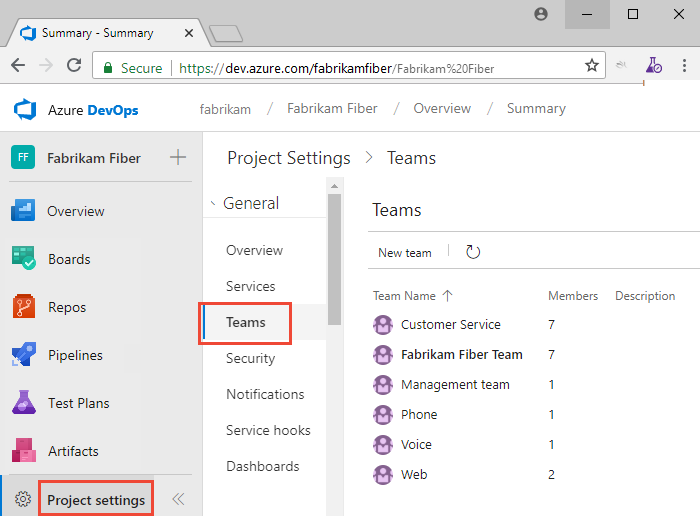 Web portalı, Project Ayarlar, Teams