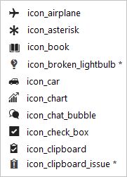 icon_airplane, icon_asterisk icon_book, icon_car, icon_chart, icon_chat_bubble, icon_check_box, icon_clipboard, icon_code_response, icon_code_review