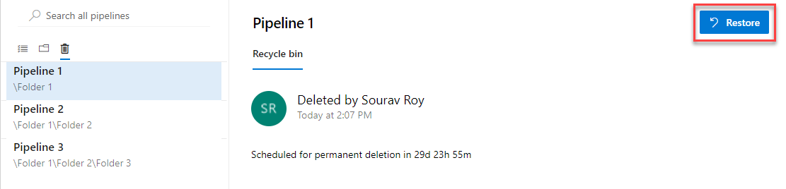 Silinen yayın işlem hatlarını geri yükleyin.
