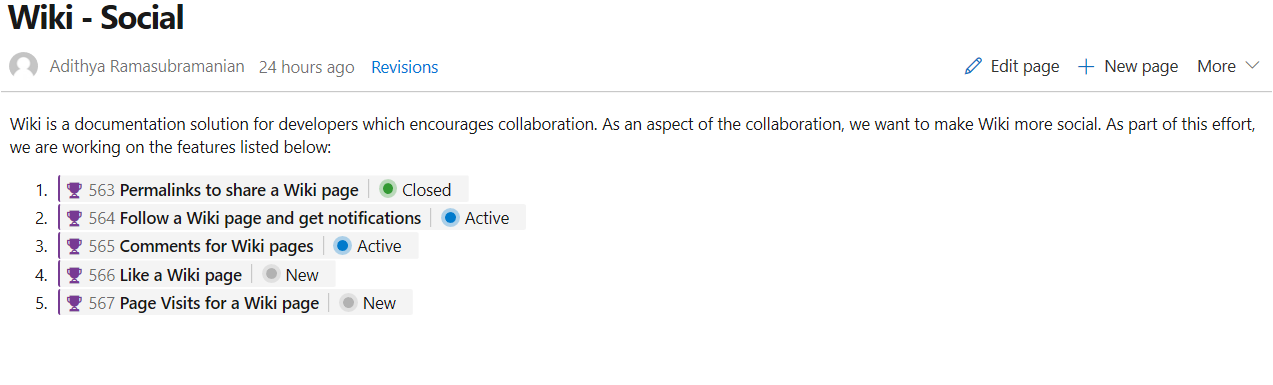 Wiki sayfalarında iş öğesi durumunu göster.