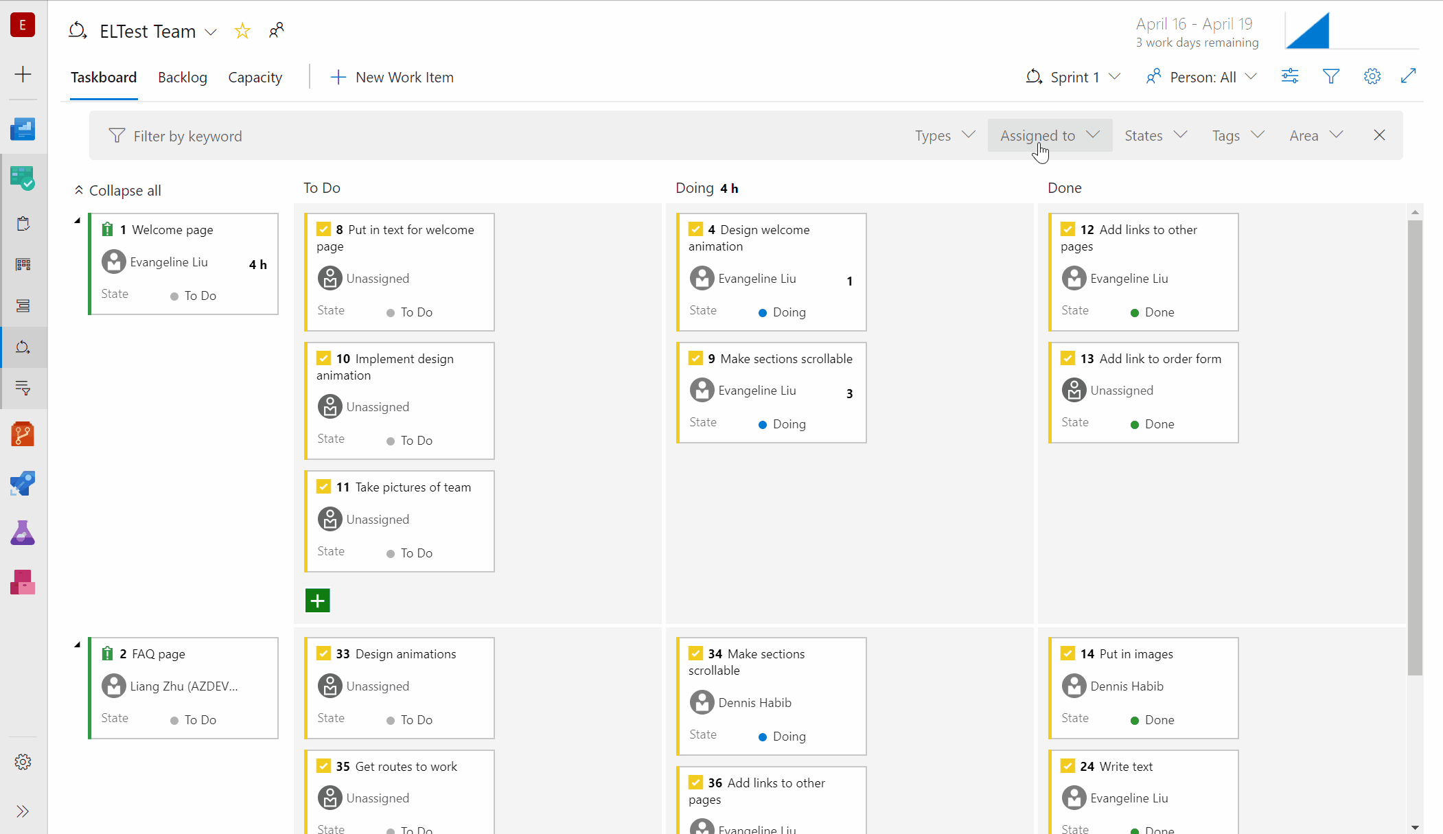Demo için gif Görev panosunda 'Atandı' filtresini gösteren.