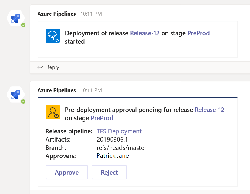 Microsoft Teams için Azure Pipelines uygulaması.