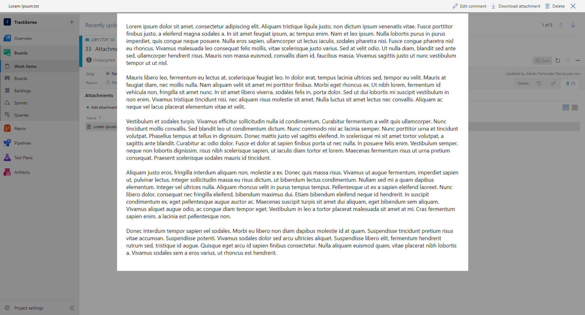 İş öğesinde metin dosyasının önizlemesi .