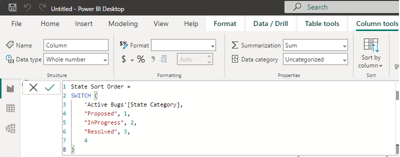 Power BI Tablo araçları sekmesinin, durum kategorisi girişinin ekran görüntüsü.