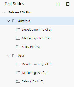 Toplu görünüm için Power BI Test Planı yapısının ekran görüntüsü.