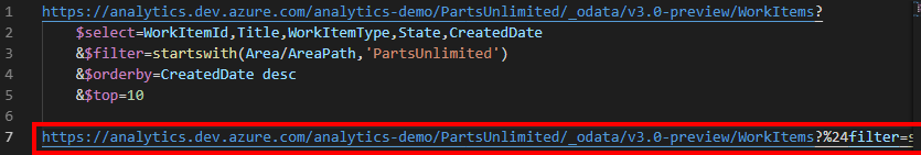 Tek satırlı sorguyla birleştirilmiş Visual Studio Code OData uzantısını gösteren ekran görüntüsü.