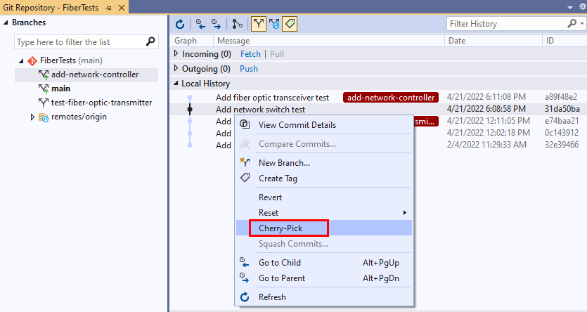 Visual Studio'daki Git Deposu penceresindeki işleme bağlam menüsündeki Kiraz Seçimi seçeneğinin ekran görüntüsü.