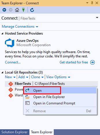 Visual Studio 2019'da Takım Gezgini'nin 'Yerel Git Depoları' bölümündeki kopyalanmış depoların ekran görüntüsü.