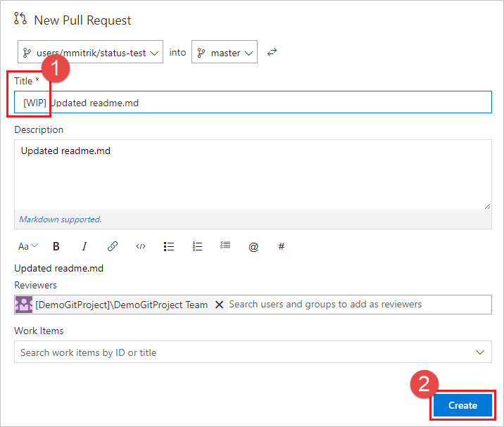 Varsayılan çekme isteği başlığına eklenen WIP'yi gösteren ekran görüntüsü.